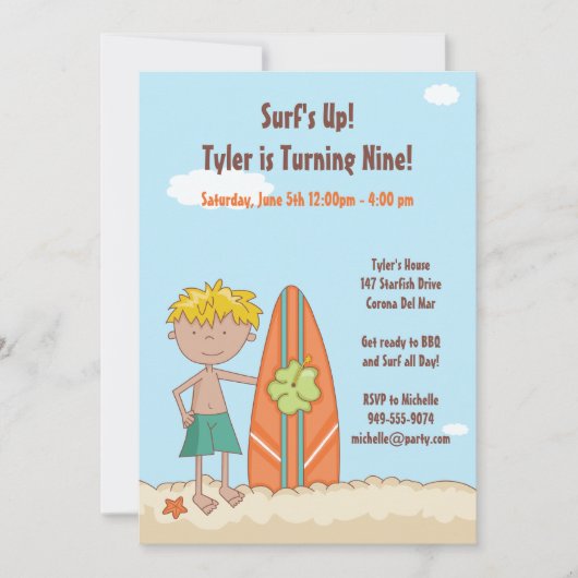 Surfer Birthday Party Invitation Kaart (Voorkant)