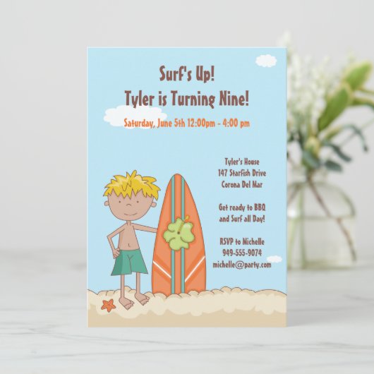 Surfer Birthday Party Invitation Kaart (Staand voorkant)