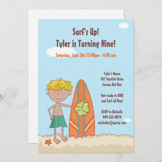 Surfer Birthday Party Invitation Kaart (Voorkant / Achterkant)