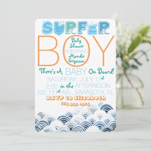 Surfer Boy Baby shower Uitnodiging (Staand voorkant)