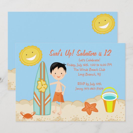 Surfer Boy Beach Party Birthday Uitnodiging (Voorkant / Achterkant)