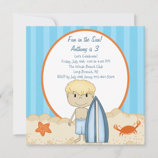 Surfer Boy op de uitnodiging van de stranddag (Voorkant)