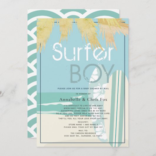 Surfer Boy Surfboards Beach Baby shower per post Kaart (Voorkant / Achterkant)