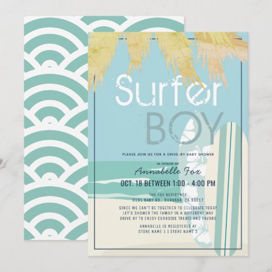 Surfer Boy Surfboards Beach Drive-by Baby shower Kaart (Voorkant / Achterkant)