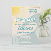 Surfer boy uitnodiging Elke leeftijd Surf op uitno (Staand voorkant)