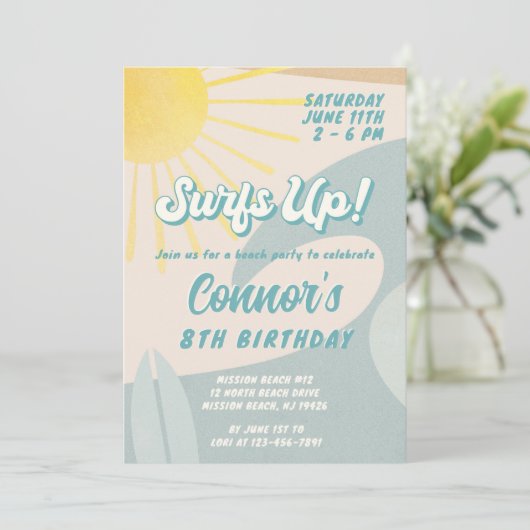 Surfer boy uitnodiging Elke leeftijd Surf op uitno (Staand voorkant)