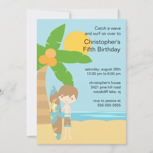 Surfer Boy's Swimming Party Birthday Invitation Kaart (Voorkant)
