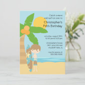 Surfer Boy's Swimming Party Birthday Invitation Kaart (Staand voorkant)