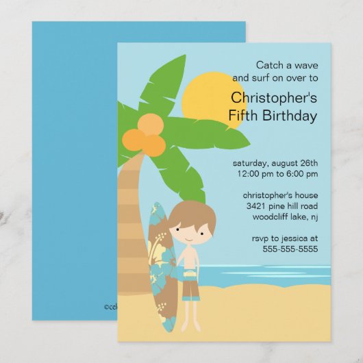 Surfer Boy's Swimming Party Birthday Invitation Kaart (Voorkant / Achterkant)