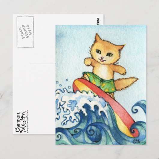 Surfer - Cute Surf Cat Art Briefkaart (Voorkant / Achterkant)