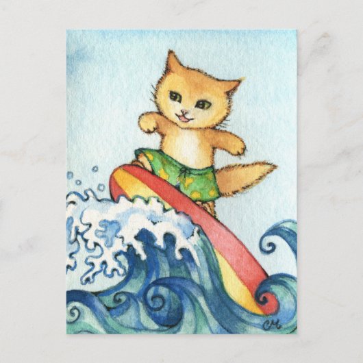 Surfer - Cute Surf Cat Art Briefkaart (Voorkant)