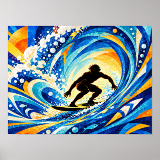 Surfer die in een golfvat-silhouet rijdt poster