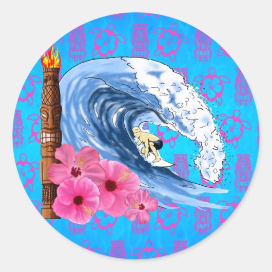 Surfer en Standbeeld Tiki Ronde Sticker (Voorkant)