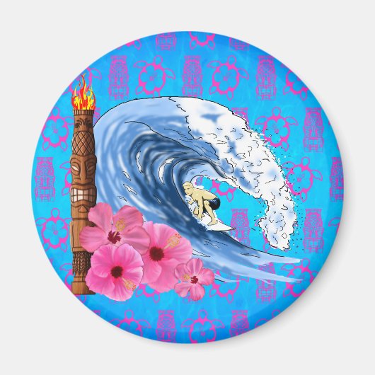 Surfer en Tiki-standbeeld Magneet (Voorkant)