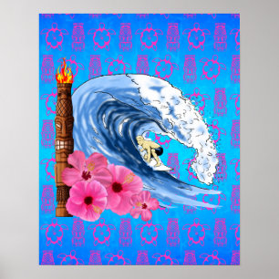 Surfer en Tiki-standbeeld Poster