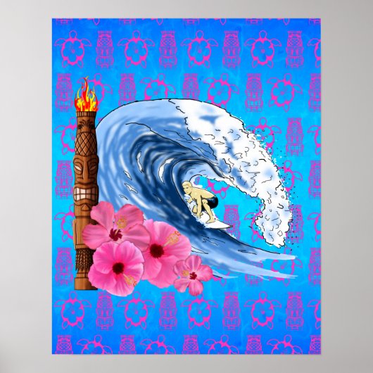 Surfer en Tiki-standbeeld Poster (Voorkant)