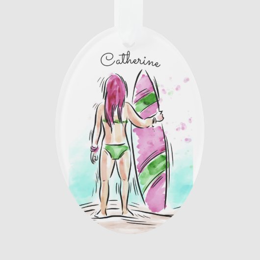 Surfer Girl aangepaste naam ornament (voorkant)