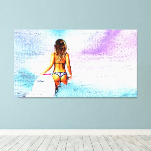 SURFER GIRL BEACH BIKINI CANVAS ART PRINT (Insitu (Houten vloer))