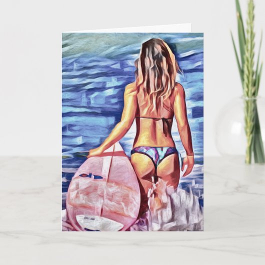 SURFER GIRL BIKINI G-STRING BLANK CARD FEESTDAGEN KAART (Voorkant)