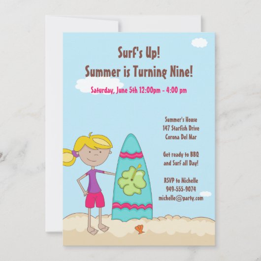 Surfer Girl Birthday Party Invitation Kaart (Voorkant)