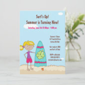 Surfer Girl Birthday Party Invitation Kaart (Staand voorkant)