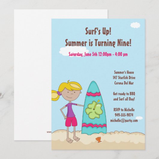 Surfer Girl Birthday Party Invitation Kaart (Voorkant / Achterkant)