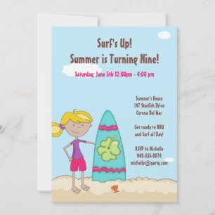 Surfer Girl Birthday Party Invitation Kaart