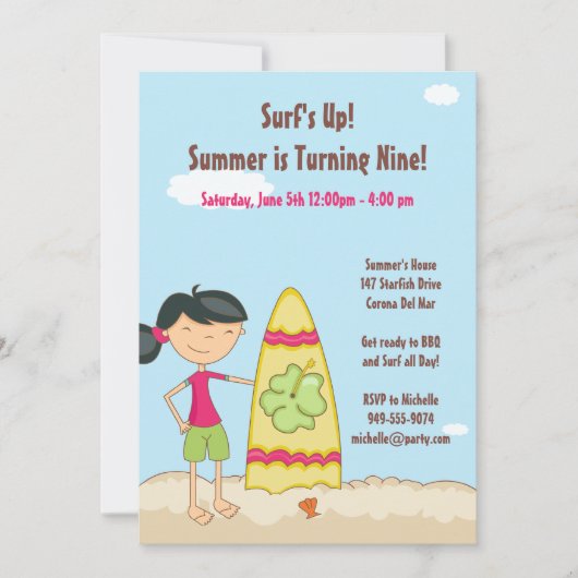 Surfer Girl Birthday Party Invitation Kaart (Voorkant)