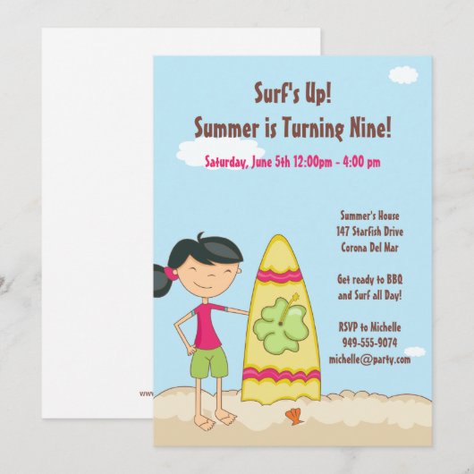 Surfer Girl Birthday Party Invitation Kaart (Voorkant / Achterkant)