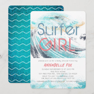 Surfer Girl Blue Wave Splash Surfing Baby shower Kaart