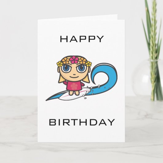 Surfer Girl Cartoon Character Happy Birthday Kaart (Voorkant)