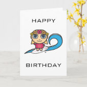 Surfer Girl Cartoon Character Happy Birthday Kaart (Gele Bloem)