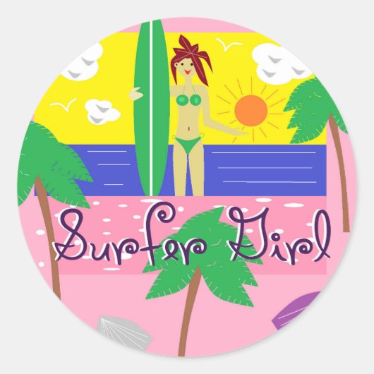 Surfer Girl Ronde Sticker (Voorkant)