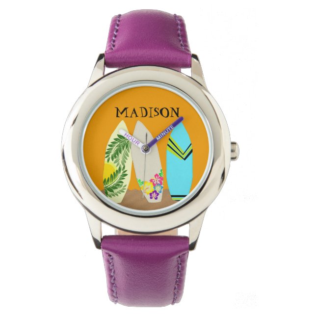 Surfer Girl Surfboard Art Wrist Watch Horloge (Voorkant)