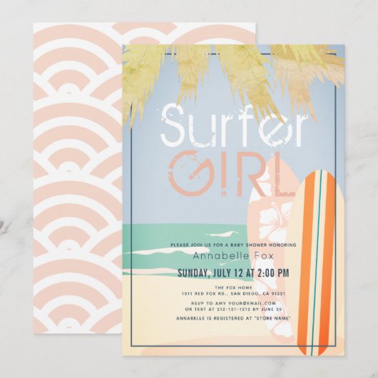Surfer Girl Surfboards Beach Baby shower Kaart (Voorkant / Achterkant)
