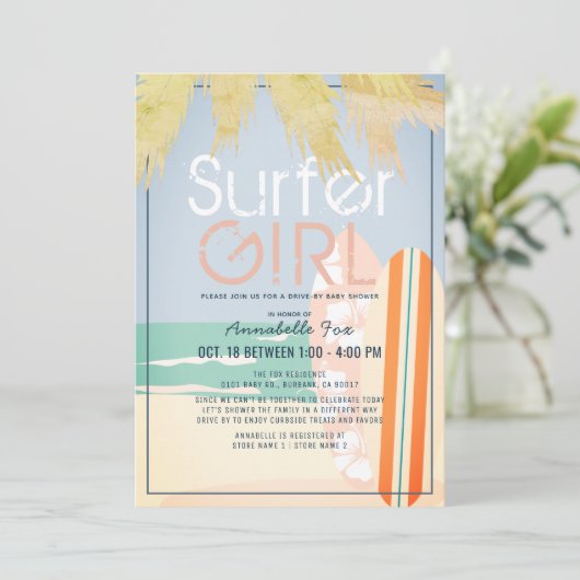 Surfer Girl Surfboards Beach Drive-by Baby shower Kaart (Staand voorkant)