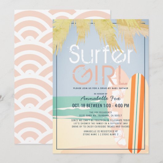 Surfer Girl Surfboards Beach Drive-by Baby shower Kaart (Voorkant / Achterkant)