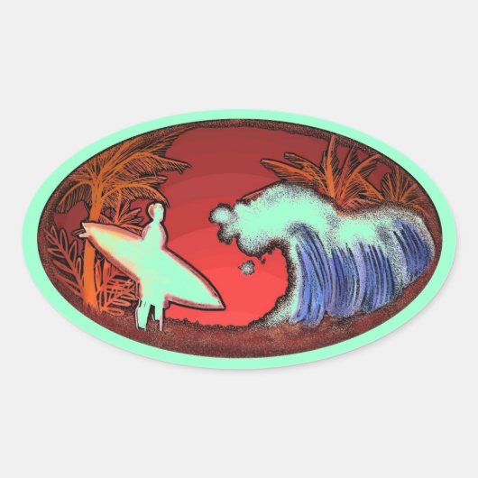 Surfer golven zee groene kunst strand scene sticke ovale sticker (Voorkant)
