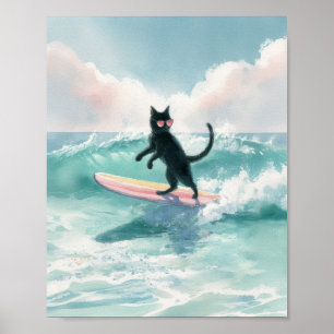 Surfer grillige zwarte kat Waterverf kunst Poster