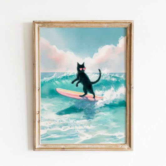 Surfer grillige zwarte kat Waterverf kunst Poster
