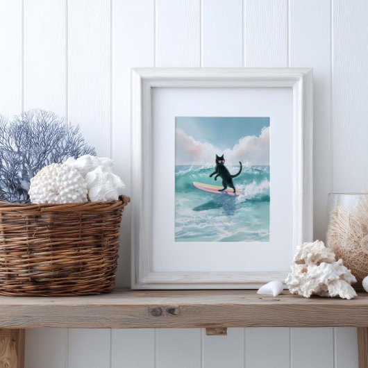 Surfer grillige zwarte kat Waterverf kunst Poster