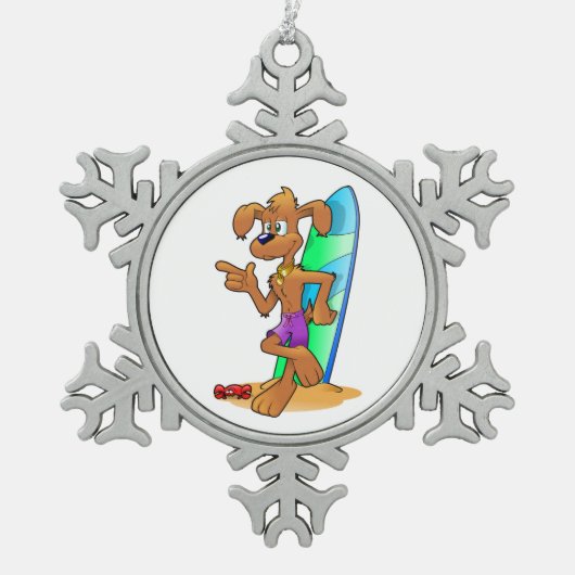 SURFER HOND TIN SNEEUWVLOK ORNAMENT (Voorkant)