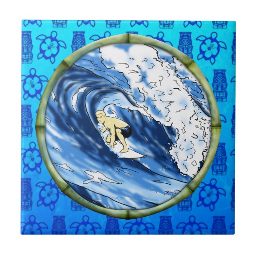 Surfer in de Cirkel van het Bamboe Tegeltje (Voorkant)
