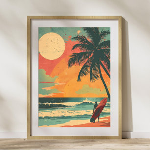 Surfer in Zomer Zonsondergang Retro Poster