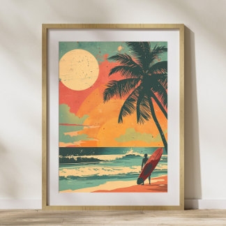  Surfer in Zomer Zonsondergang Retro Poster