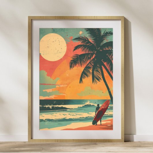 Surfer in Zomer Zonsondergang Retro Poster