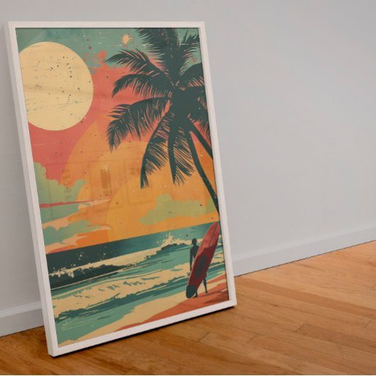  Surfer in Zomer Zonsondergang Retro Poster