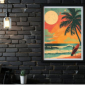 Surfer in Zomer Zonsondergang Retro Poster