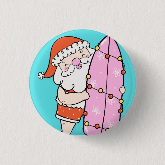 Surfer Kerstman Ronde Button 3,2 Cm (Voorkant)