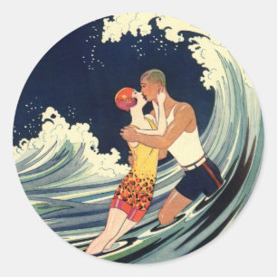 Surfer Lovers zoende illustratie Ronde Sticker